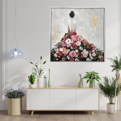 Hand Painted Canvas Print in Frame- Lady in Floral Gown 82.5x82.5x4.5cm