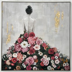 Hand Painted Canvas Print in Frame- Lady in Floral Gown 82.5x82.5x4.5cm