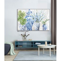 Hand Painted Canvas Print in White Frame -Blue & White Porcelain 122.5x82.5x4.5cm