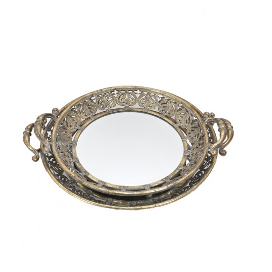 S/2 Antique Gold Metal Round Mirror Tray L:45.5x38x8.5/S:40x33x8.5cm