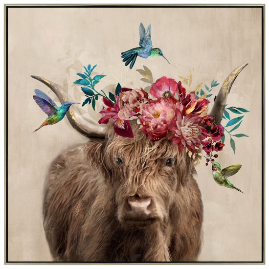 Hand Painted Canvas Print in Silver Frame -Highland Cow in Flower Garland 102.5x102.5x4.5cm