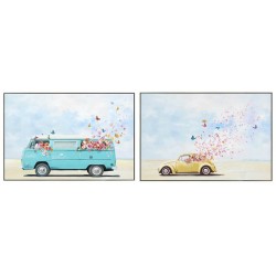 2/A Hand Painted Canvas Print in Silver Frame- Cars with Scatterd Flowers 122.5x82.5x4.5cm 