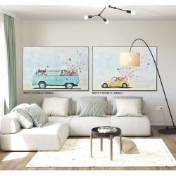 2/A Hand Painted Canvas Print in Silver Frame- Cars with Scatterd Flowers 122.5x82.5x4.5cm 