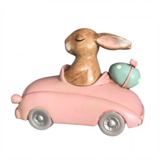 Resin Bunny in Car 21x10x15cm