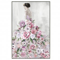 Hand Painted Canvas Print in Silver Frame- Lady in Floral Gown 80x120x3.5cm