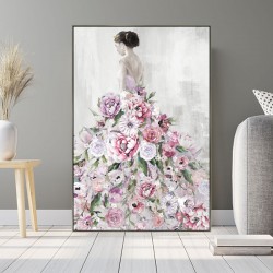 Hand Painted Canvas Print in Silver Frame- Lady in Floral Gown 80x120x3.5cm